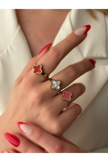 JELLY Women's Steel Gold Color Red Enamel Adjustable Ring
