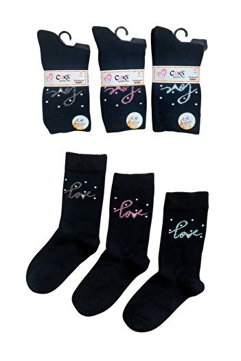 socksbox Kadın Dikişsiz Kışlık Havlu Örgü Pofuduk Siyah Çorap/3 Çift