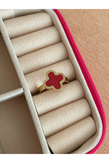 JELLY Women's Steel Gold Color Red Enamel Adjustable Ring