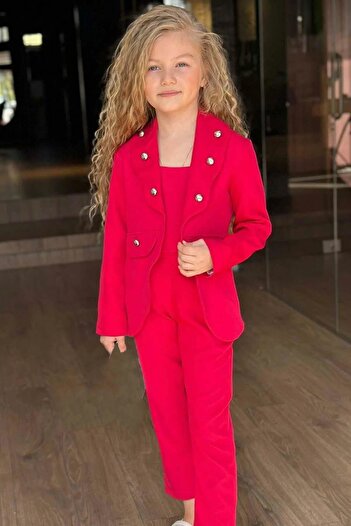 Riccotarz Girl's Silver Button Detailed Blazer Jacket and Fuchsia Bottom and Top Set