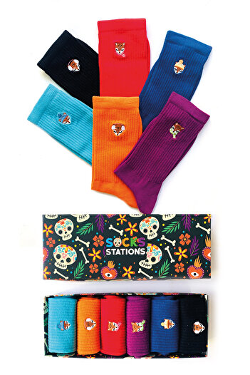 Socks Stations 6-пакет кутия с цветни чорапи с бродерия на лисица