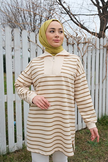 LOCCO Women's Front Zipper Striped Sweat Oil Green