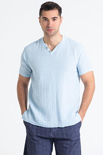 Eliş Şile Bezi Short Sleeve Muslin Men's Ribbed T-shirt Ice Blue Bmv