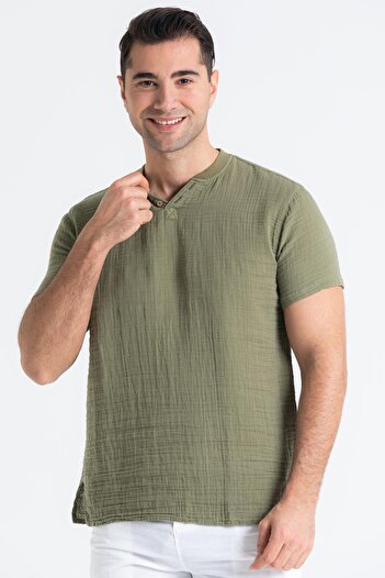 Eliş Şile Bezi Short Sleeve Muslin Men's Ribbed T-shirt Khaki Hk