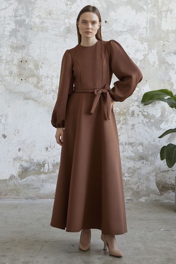 InStyle Balloon Sleeve Belted Scuba Dress - Tan