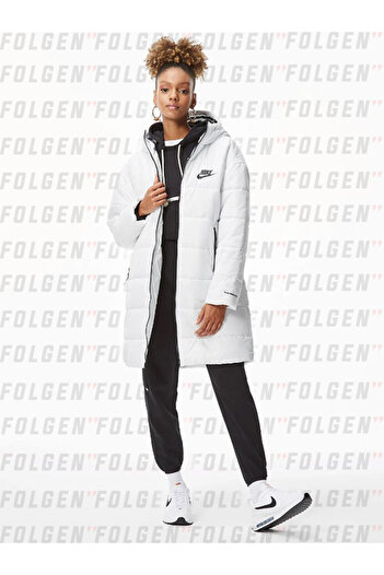 Nike Therma Fit Synthetic Fill Full Zip in White Parka Kapüşonlu Uzun Mont
