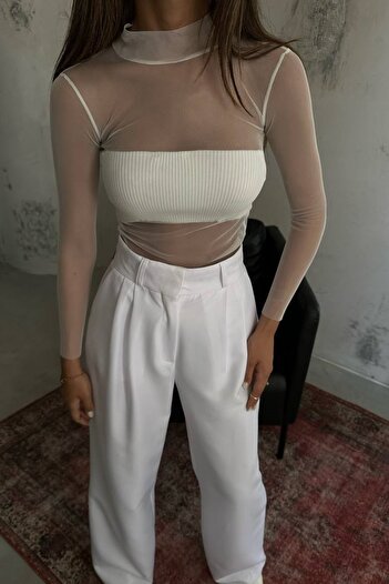 vuvutasarım White Tulle Detailed Long Sleeve Blouse - New Season 23W15021