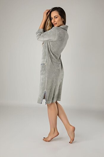 Nuşa Women's Gray Collar Embroidery Zippered Bamboo Cotton Niki Velvet Dressing Gown