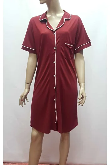 Nena Style Front Buttoned Collar Claret Red Women's Nightgown