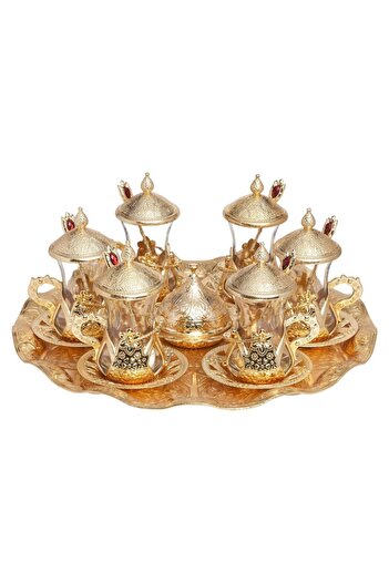 BAZAAR 4 Ottoman Motif Tea Presentation Set with Spoon - Yellow Crst704