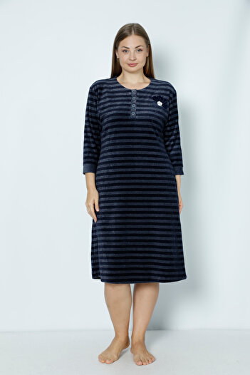 İntensive navy blue pocket buttoned stone detail large size cotton velvet dress