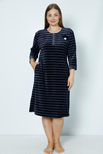 İntensive navy blue pocket buttoned stone detail large size cotton velvet dress