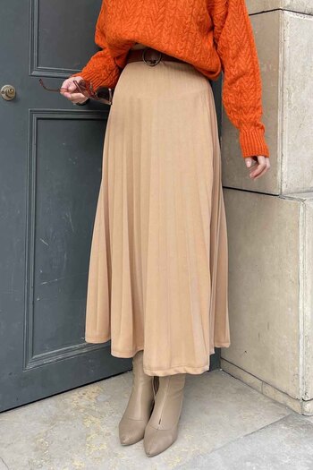 lamelif Adelina Milk Brown Color Pleated Skirt