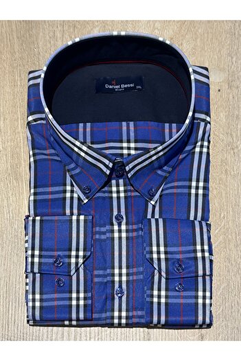 Daniel Bessi Long Sleeve Regular Fit Large Size Checked Cotton Single Pocket Casual Classic Men's Shirt