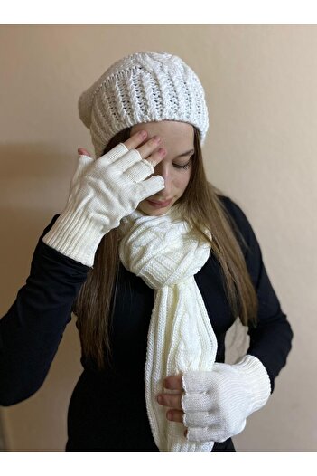 sema aksesuar Women's Winter Ecru Colored Scarf - Beanie and Cut-Out Gloves Set - Hat, Fingerless Gloves
