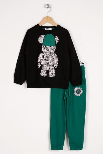 zepkids Boy's Black Colored Embossed Bear Printed Tracksuit Set