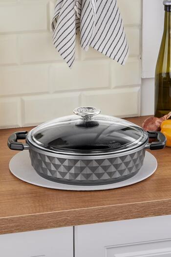 Taç Bella Glass Lid Cast Iron Flat Pot 24 Cm Gray