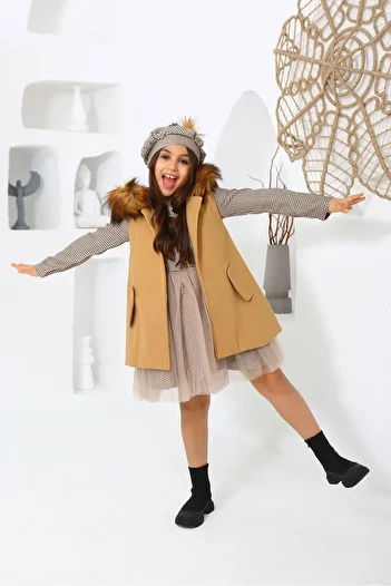 nisaykids Girl's Stamp Poncho Hooded Fur-woven Gauzy Dress-pom-pom Hat