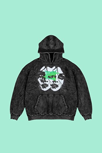 Sekizbiraltı Μαύρο Oversize Hoodie - Woman Shadows Printed, Washable Unisex