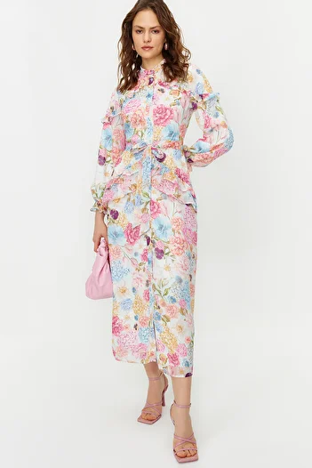 Trendyol Modest Λιλά φλοράλ βολάν Φόρεμα σιφόν με λεπτομέρεια με επένδυση TCTSS24EB00003