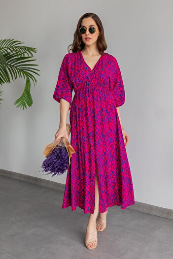 lovebox Ethnic Patterned Viscose Fabric Slit Detailed Short Sleeve Double Breasted Collar Midi Length Flared Fuchsia Dress 090