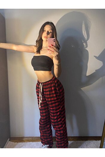 Violon Kırmızı Siyah Kare Ekose Desenli Rahat Unisex Oversize Eşofman Altı Pijama