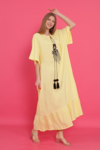 mervemoda Women's Yellow Large Size Short Sleeve Woven Dress