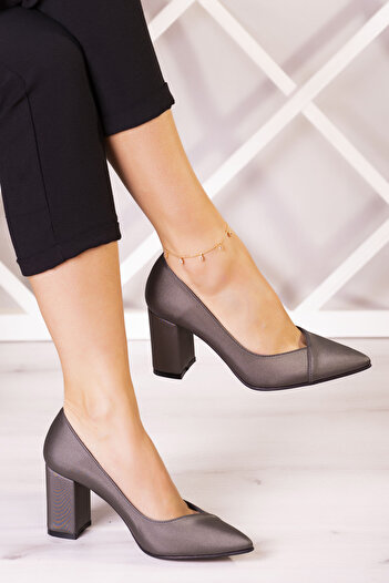 Erkan Saçmacı Belinda Plus Anthracite Satin Thick Heeled Evening Dress Shoes 7 Cm.