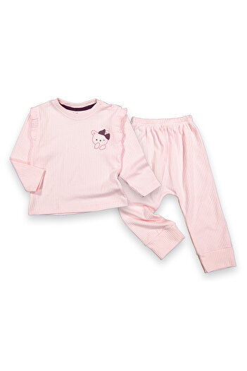 ADABEBEK Corded Kitty Patterned Style Cotton Combed Cotton Top and Bottom Set 1461