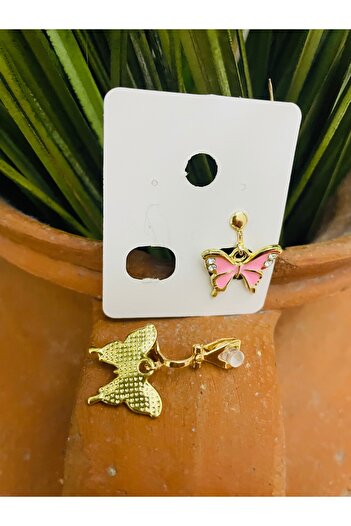 1PARÇAMAVİ Rhinestone Butterfly Pinching Clip Children's - Adult Earrings - Perforation-free Earrings