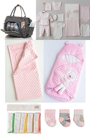 Necix's 6-Piece CUTE MONTHS BIRTH SET (10-Piece HOSPITAL EXIT, BABY BAG, SWADDLE, BLANKET, WIPES AND SOCKS SET)