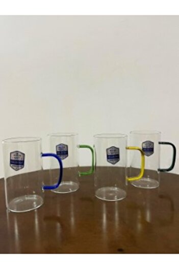 DİBA AVM Heat Resistant 4-Piece 410 ml Glass Cup with Handle Colorful Handle 4 Pieces Glass Cup Home Office Cup