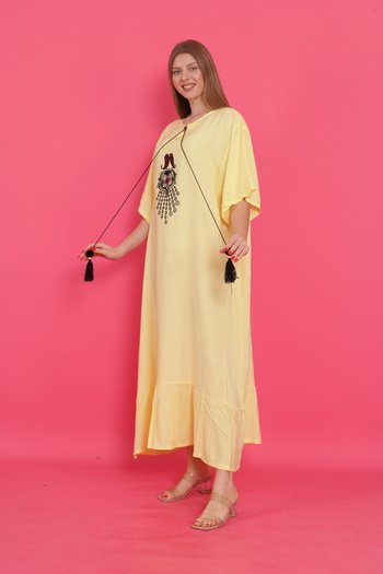 mervemoda Women's Yellow Large Size Short Sleeve Woven Dress