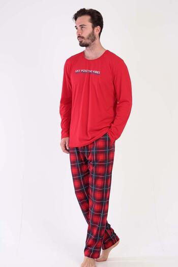 VİENETTA Men's Long Sleeve Red Pajamas Set C3T0N5O025