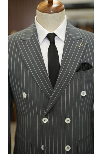LONATOLİA Men's Striped Double Breasted Suit Swallow Collar Italian Cut Slim Fit Jacket Trousers
