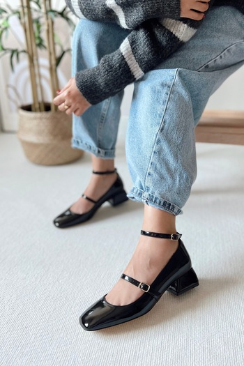 POLKA STORE Mary Jane Black Patent Leather Closed Back Square Toe Cap Short Block Heeled Women's Shoes