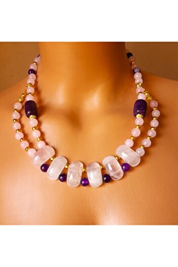 Asteria Elite Premium series Pink Quartz Agate 2 Rows Special Design Necklace Bracelet Set