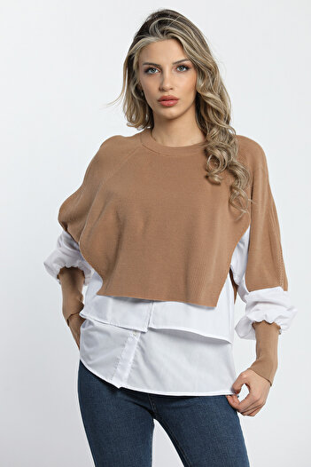 GÜLSELİ Biscuit Stylish Shirt Garnished Knitwear Blouse - Women's Fashion