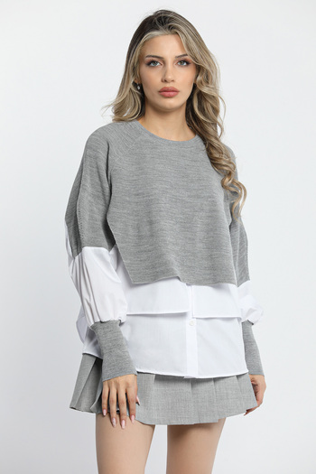 GÜLSELİ Gray Stylish Shirt Garnished Knitwear Blouse - Women's Fashion