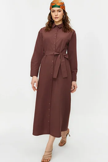 Trendyol Modest Φόρεμα από βαμβακερό υφαντό πουκάμισο με μανίκια με μανίκια TCTSS23EB00072
