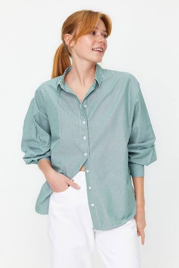 Trendyol Collection Zöld túlméretezett csíkos ing - széles szabású, szőtt, TWOSS23GO00144