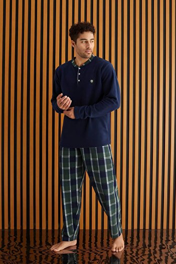 Pijamaevi Σετ ανδρική πιτζάμα πράσινο Navy Blue με καρό σχέδιο Fleece