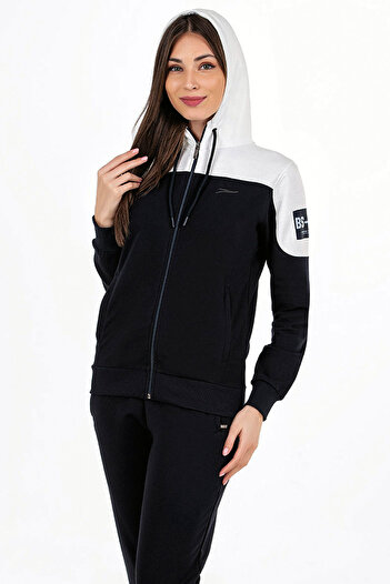 TRENDHİLL Navy Blue Women's Hooded Paired Lover Tkm Be Through Neck Zipper Two Thread Tracksuit Suit EDY5507L
