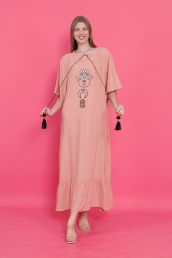 mervemoda Women's Powder Pink Plus Size Short Sleeve Woven Dress