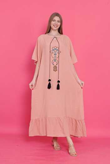 mervemoda Kadın Pudra Pembe Büyük Beden Kısa Kol Dokuma Elbise