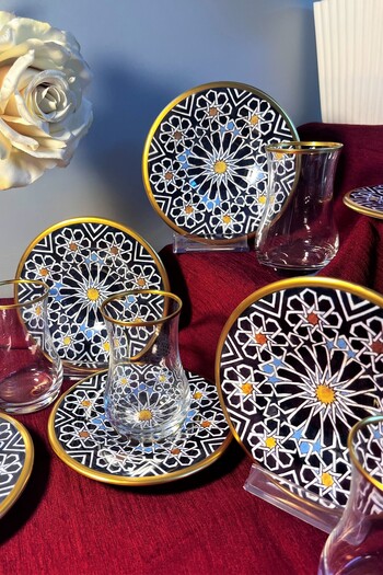 DECOSTYLE Seramik Tabaklı 12 Parça Desenli Mat Gold Çay Seti