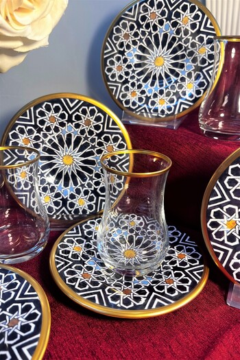 DECOSTYLE Seramik Tabaklı 12 Parça Desenli Mat Gold Çay Seti