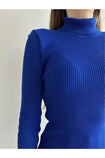 TİMBA Women's Blue Cotton Turtleneck Hooded Slimfit Turtleneck Sweater Ribbed Bady