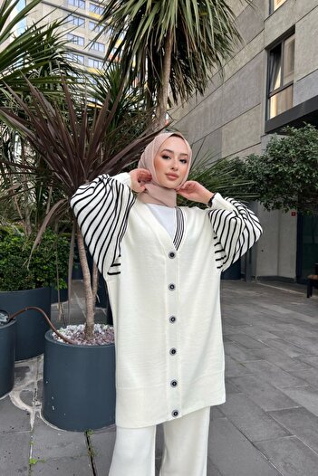 modabirsen White Women's Knitwear Double Suit with Striped Sleeves