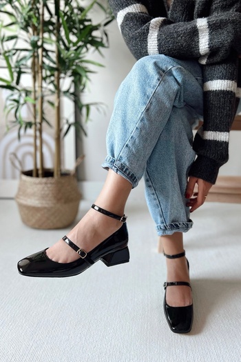 POLKA STORE Mary Jane Black Patent Leather Closed Back Square Toe Cap Short Block Heeled Women's Shoes